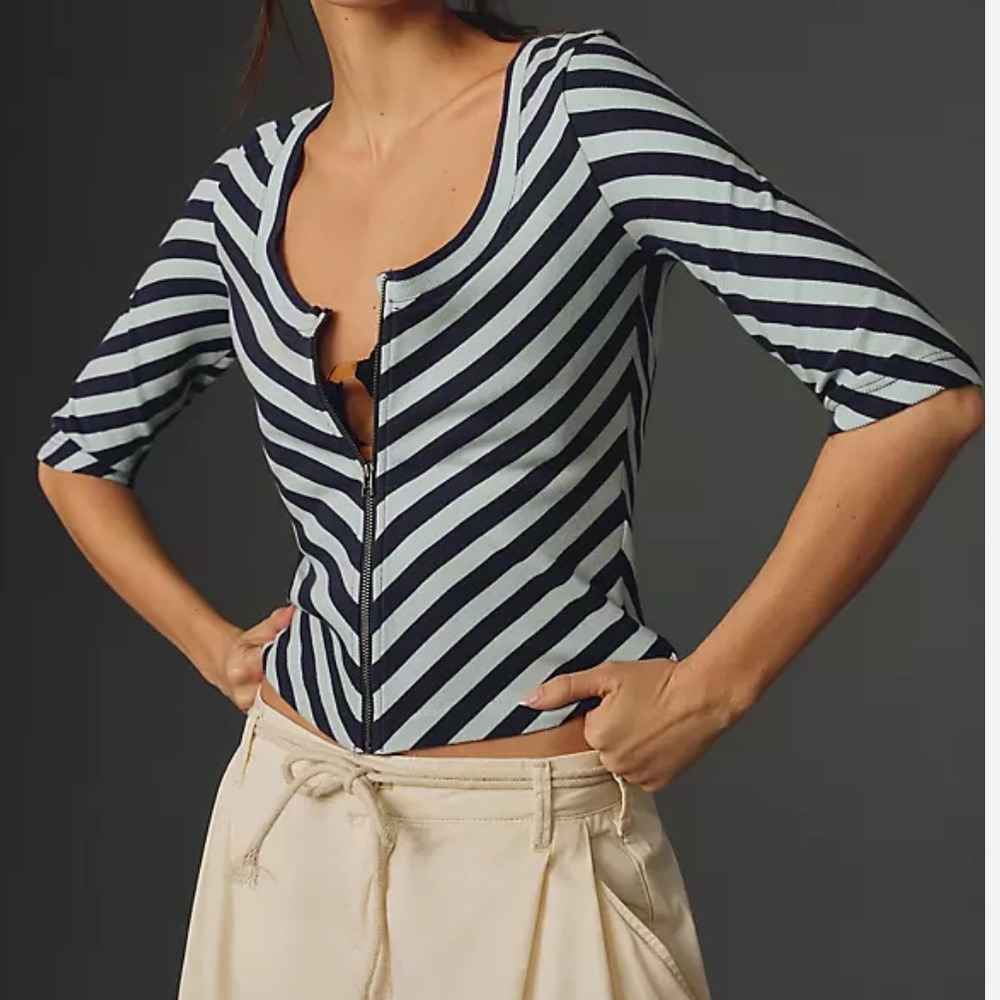 Anthropologie Light Blue/Navy Blue Fitted Graphic Blouse